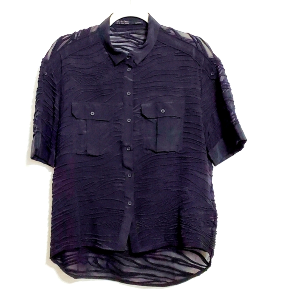 All Saints Textured Semi Sheer Button Up Shirt Black 8